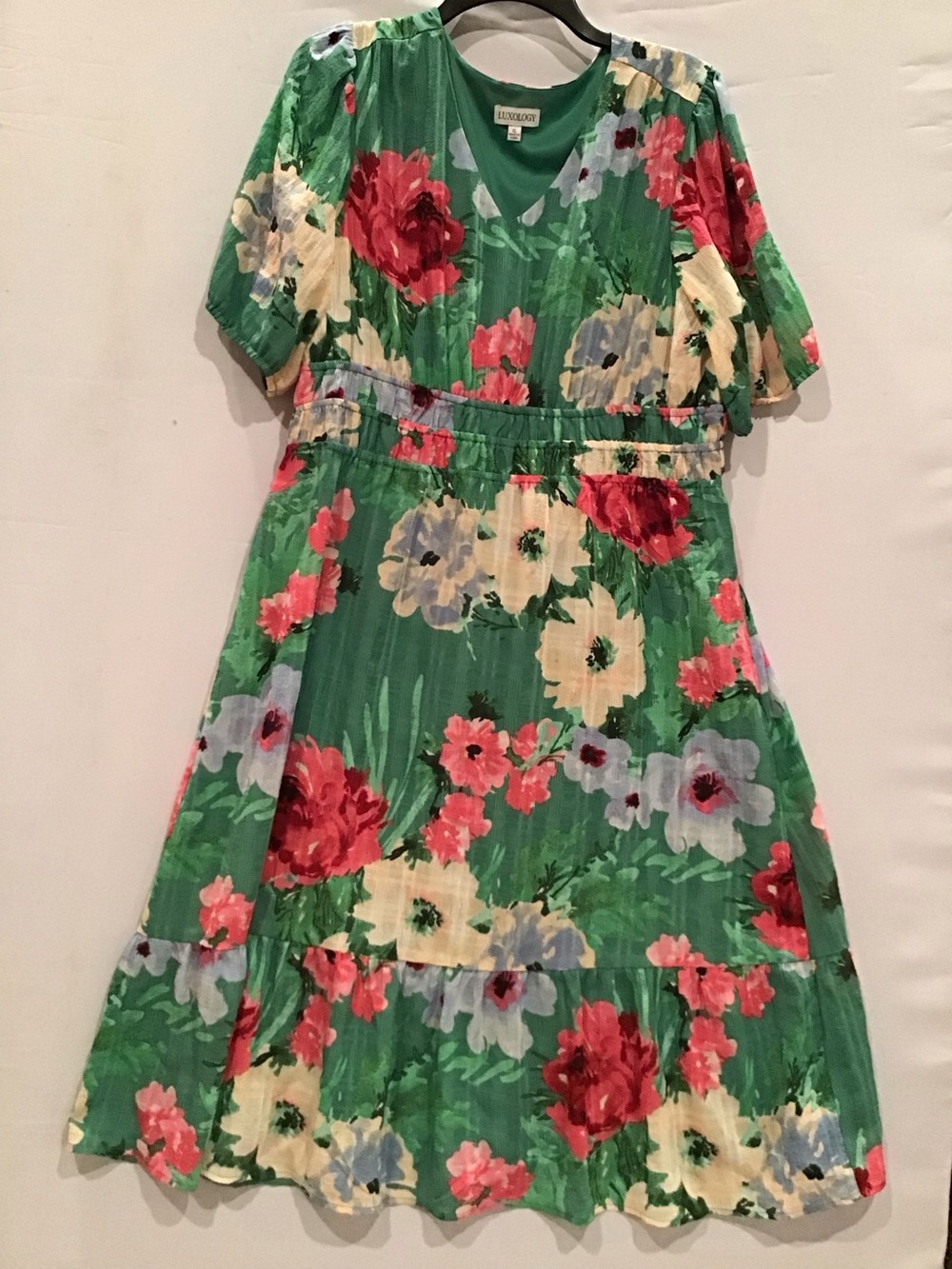 404 Green Floral Women Dress with Pink & Cream Blooms short sleeve